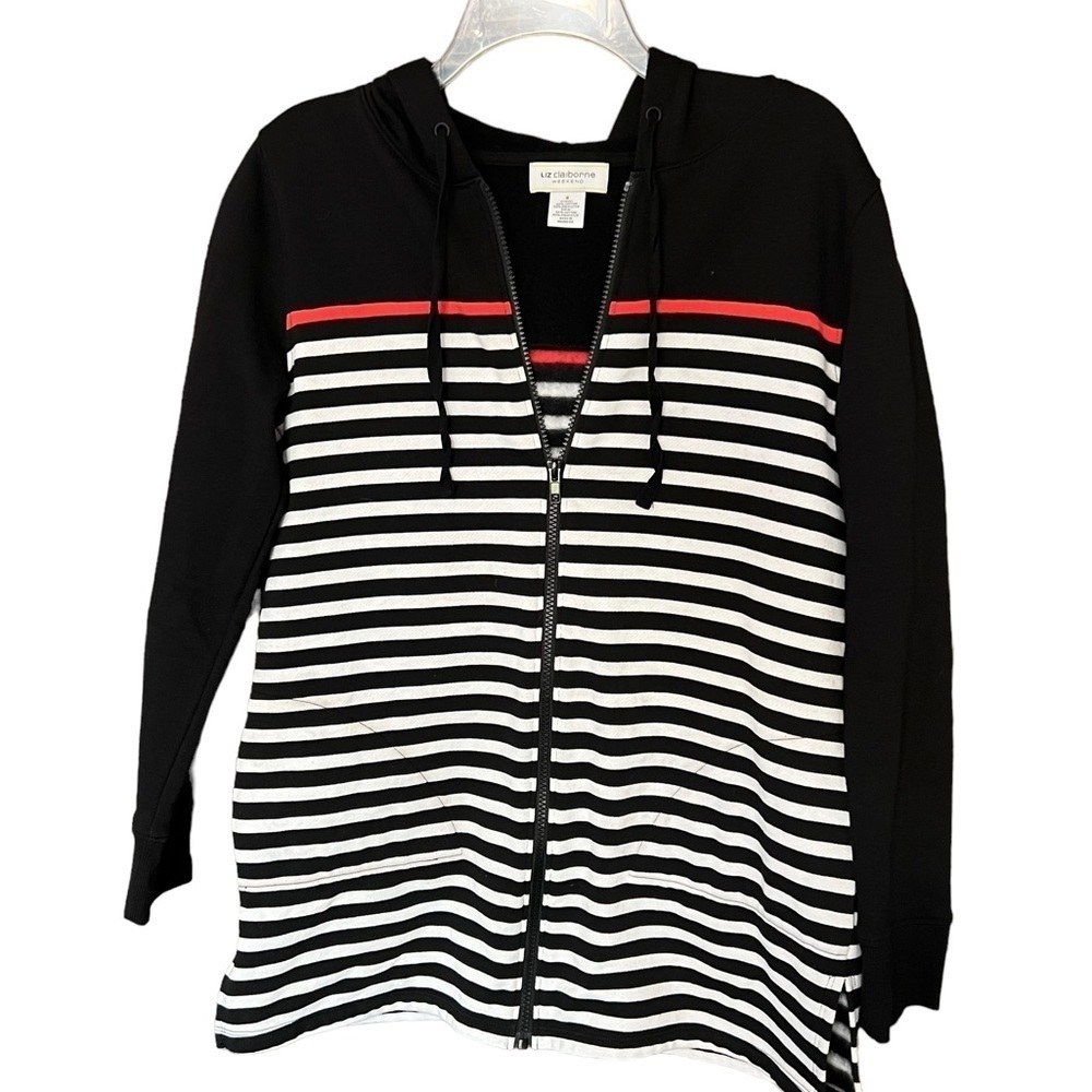 Liz Claiborne Weekend Black with White Stripes Zip Up Hoodie Size Small